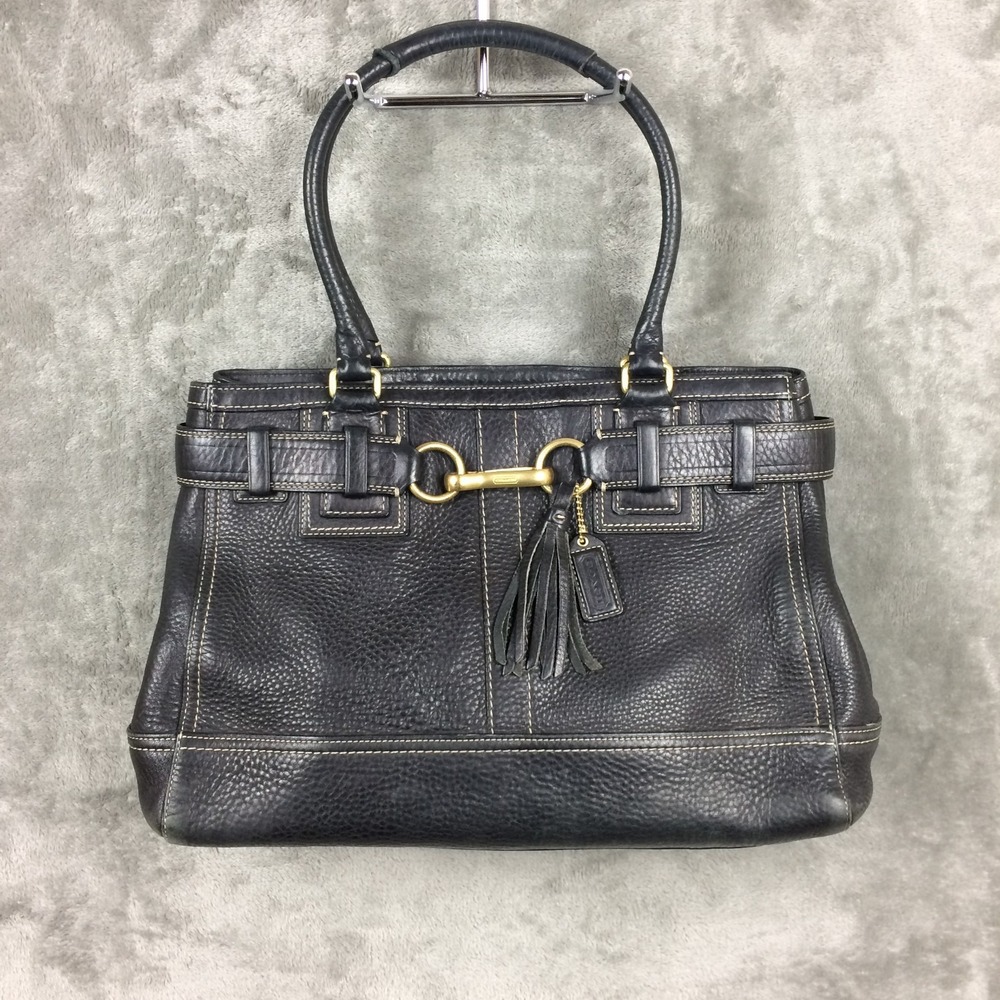 Vtg Coach Hampton Bag Black Pebbled Leather Horsebit Shoulder Tassel 10213